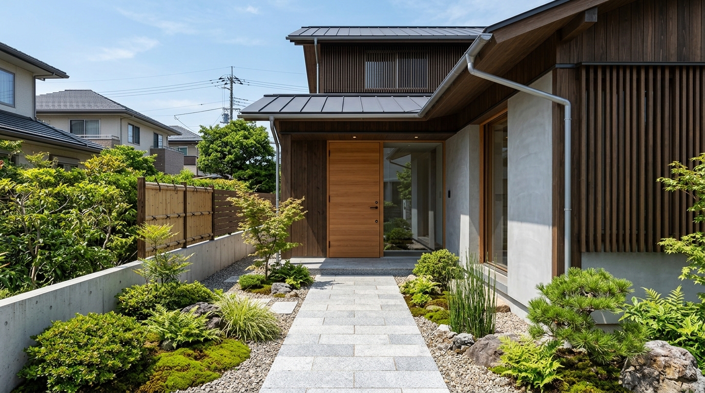 表札や個人情報の写り込みを配慮した住宅玄関アプローチの撮影画角